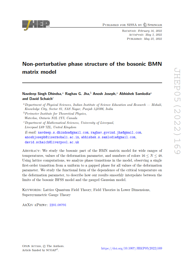 Navdeep_S_D's tweet photo. 25th of last month our paper got published in JHEP. Just thought of sharing it on twitter this 25th 😀. 

Non-perturbative phase structure of the bosonic BMN matrix model
Link--> https://t.co/xh8FkacjYu

#AcademicTwitter @IiserMohali @anoshjoseph https://t.co/PgRtYFKUx1