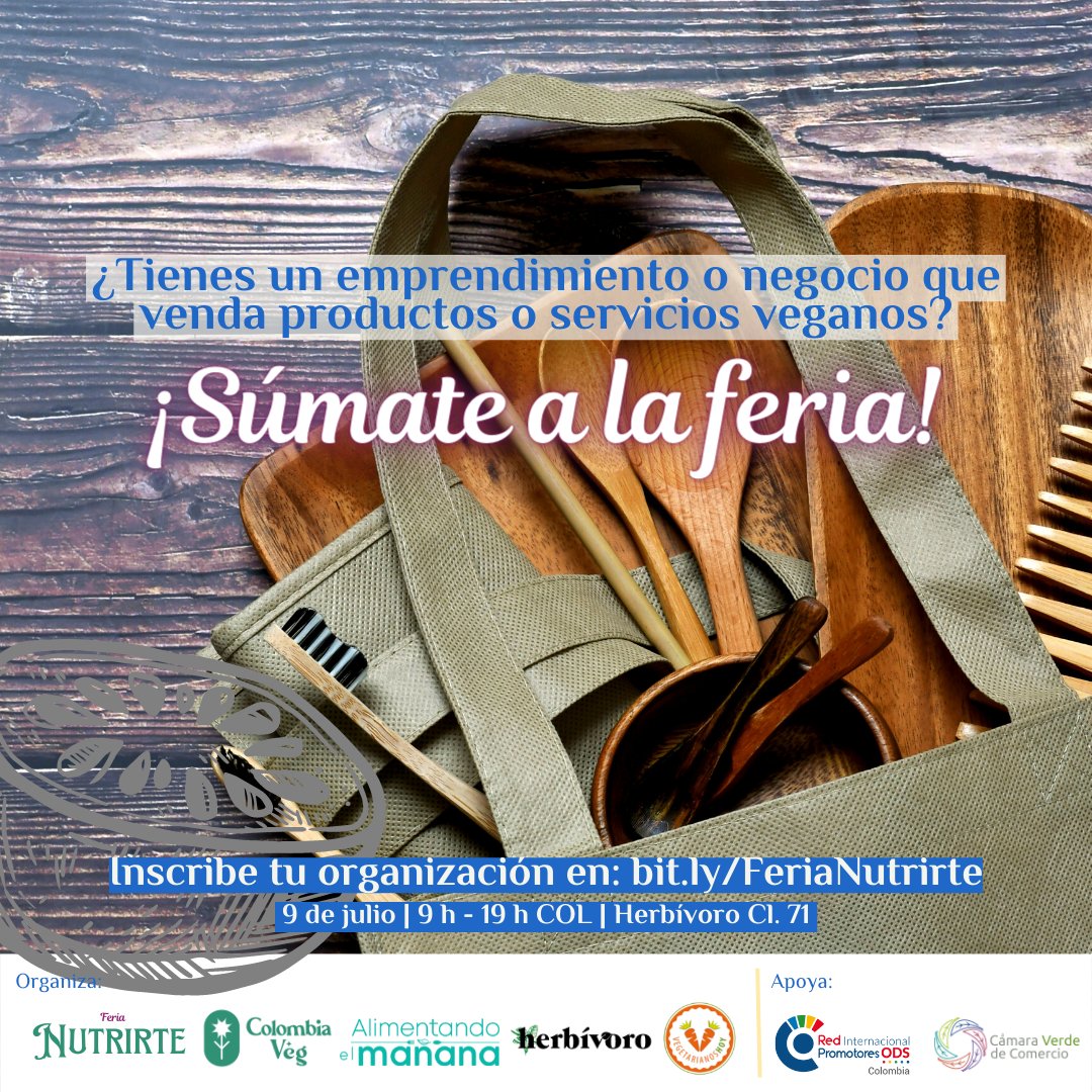 #FeriaNutrirte trae una oportunidad única para que tengas un espacio donde promocionar y vender tus productos y/o servicios veganos.

¿Te gustaría hacer parte? ¡A nosotrxs nos encantaría tenerte allí!

Regístrato bit.ly/FeriaNutrirte

9 de julio | 9h - 19h COL | Herbívoro Cl71