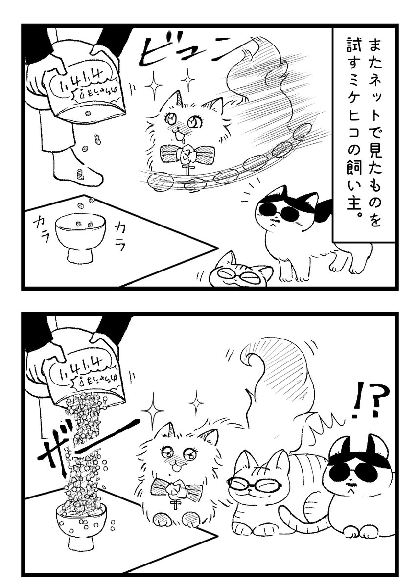 ミケヒコ飼い主が色々試してみたい漫画。
元ネタは「ドン引き 猫餌 大量」とかで検索すると見れますw 
