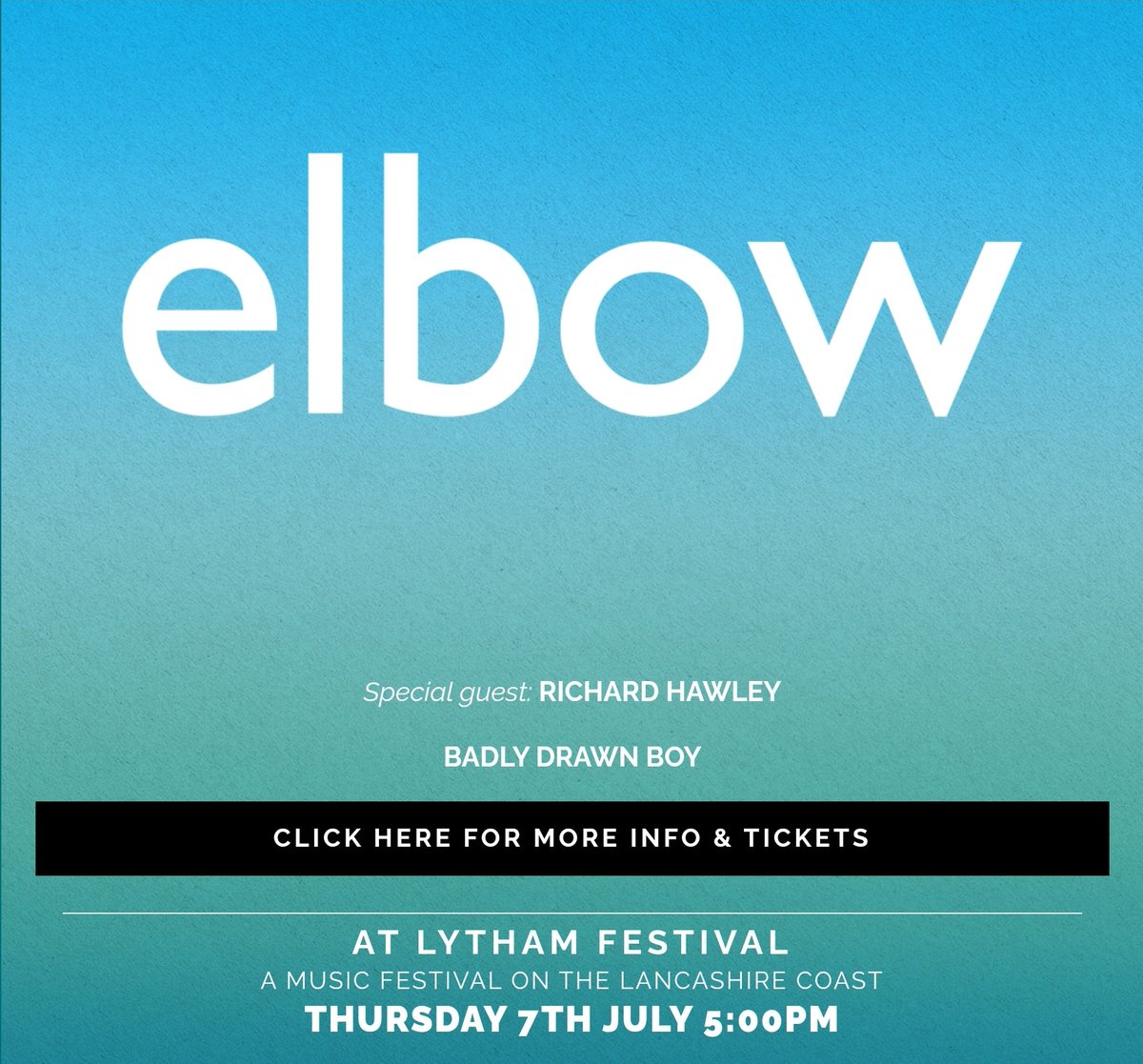 FOLLOW and RT for a chance to Win

'Elbow Tickets, Lytham Festival, Thursday 7th July. Support from Richard Hawley and Badly Drawn Boy. £25 per ticket' 

#Elbow
#RichardHawley
#BadlyDrawnBoy
#LythamFestival