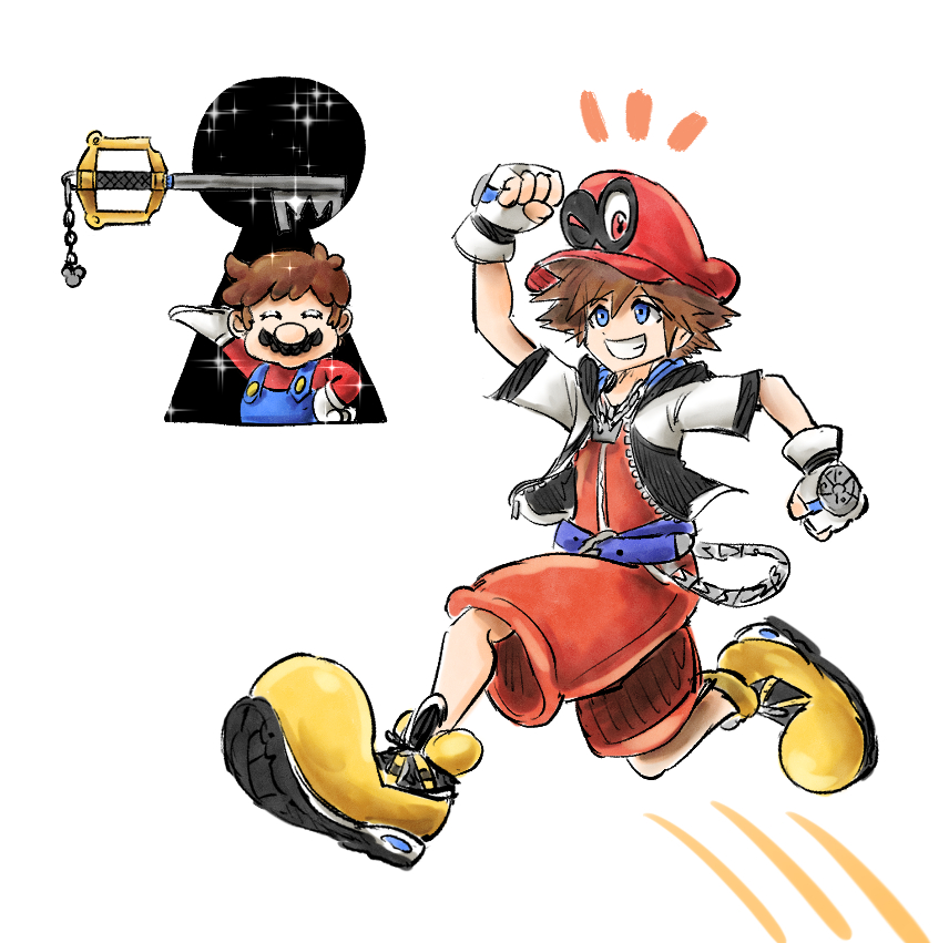 mario ,sora (kingdom hearts) multiple boys brown hair 2boys gloves blue eyes hat male focus  illustration images