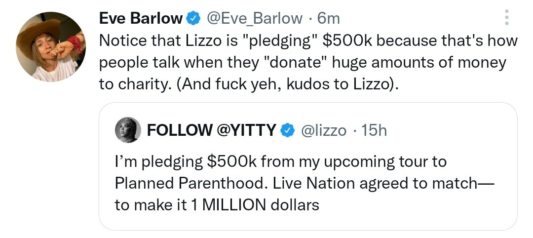 Ann20379118's tweet photo. Not @Eve_Barlow spewing ideosyncrasies of social &amp; justice systems but somehow not understanding the issue of verb tenses &amp; how it affects meaning construction. 
Tip: Lizzo's tour hasnt happened so she is pledging. When she pays she can say she DONATED not DONATE.
#JOHNNYDEPPWINS https://t.co/nMkfEWW7JR