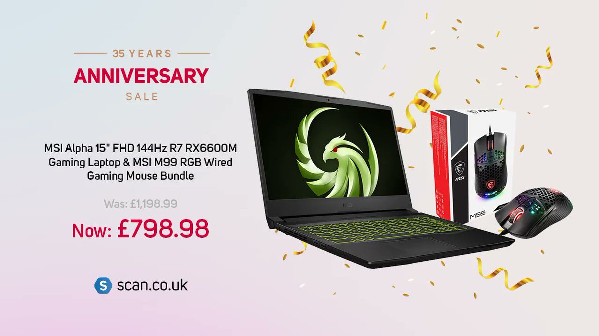 ScanComputers's tweet photo. Take your game wherever you go. Save a massive £400 on this epic MSI Laptop and mouse > https://t.co/xgKC1n8qgU
Available from only £24.22 /month (APR 5.9%)* Minimum spend and terms apply. 
Shop more offers > https://t.co/YgdwtvZYGD 

#scanniversarysale35 #Est1987 #TechHeartSoul https://t.co/PjERKsfoG3