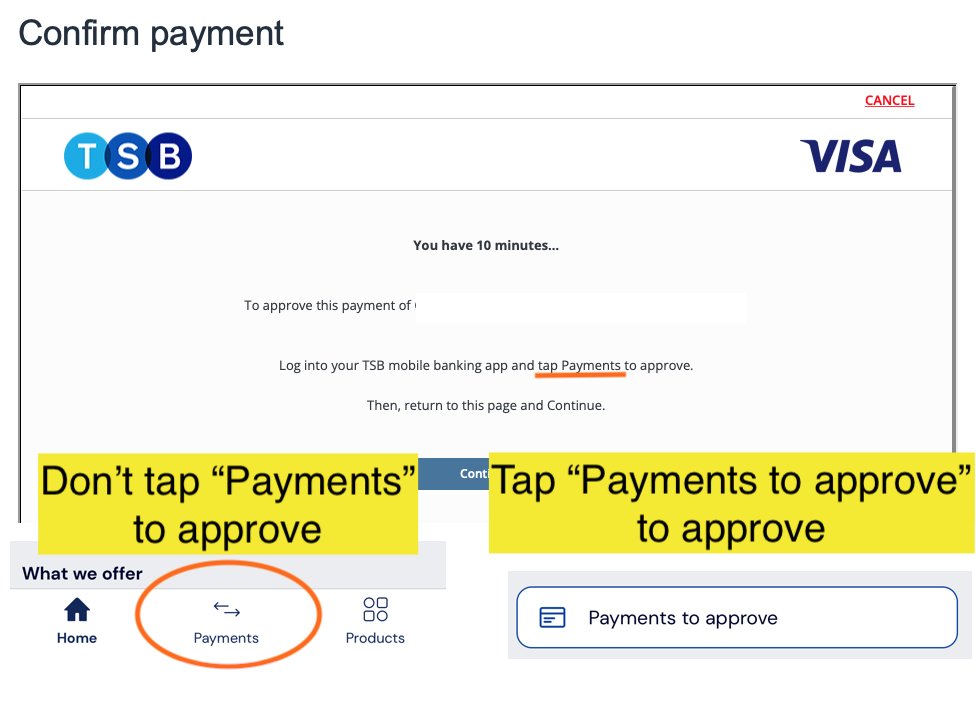 luckydonut's tweet photo. I hope @TSB can see why this is confusing. The (incorrect) Payments button is visible on every page; the button you need is only on the Home tab.

Consider adding quotes, using Title Case for the button label, or renaming it "Payments awaiting approval". #uxdesign #uidesign https://t.co/nYjHW9F3qA