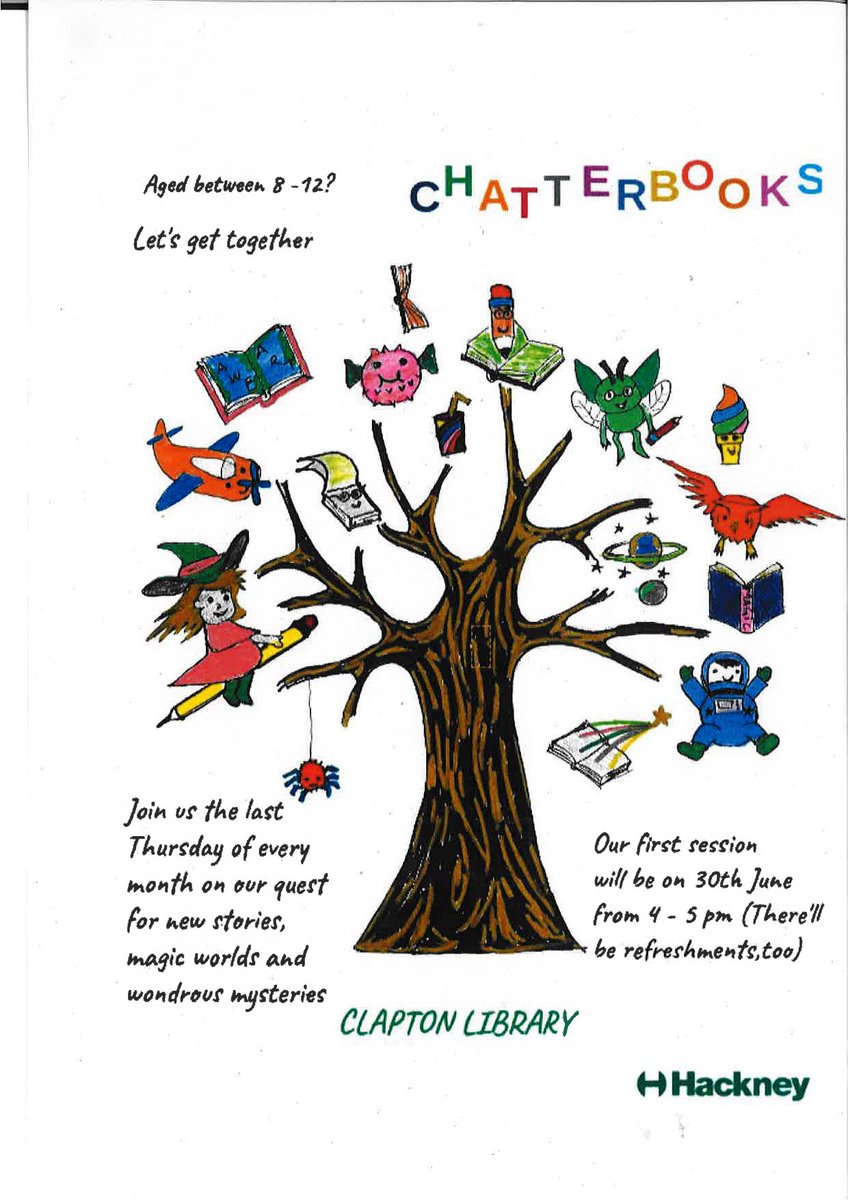 hackneylibs's tweet image. Love books? Want to share your love of books with others?  If you&apos;re between 8 and 12 years old come to Clapton Library&apos;s Chatterbooks.  We have books (and refreshments).  Last Thursday of every month 4-5pm.  (Did I mention that we have books?)  #HackneyLibraries  #Clapton #Books