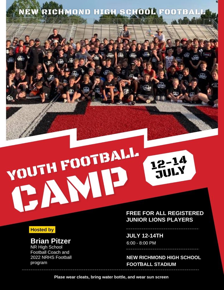 HERE WE GO! NR Lions FREE Youth Football Camp! YES FREE youth camp! We cannot wait to see all of our Future Lions! #BeElite #EliteStartsHere