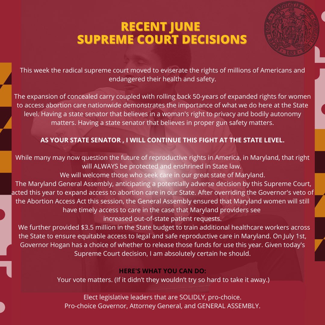 This week the radical supreme court moved to eviserate the rights of millions of Americans and endangered their health and safety. As your state Senator , I will continue this fight at the state level and protect your right to privacy and bodily autonomy. #Maryland #RoeVsWade