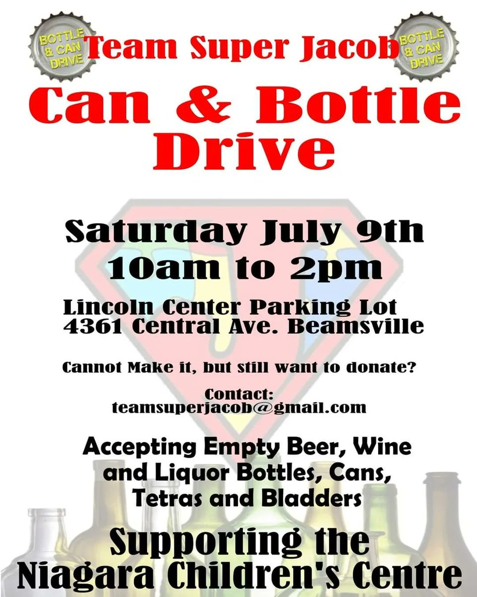 bryh1980's tweet photo. Hang on to your empties.
2 weeks from today the Team Super Jacob Bottle Drive in support of the Niagara Children's Centre will take place.

4361 Central Ave, in Beamsville. From 10am until 2pm.  You don't even have to get out of your vehicle.  Volunteers will unload your car. https://t.co/xiu1p838Dd