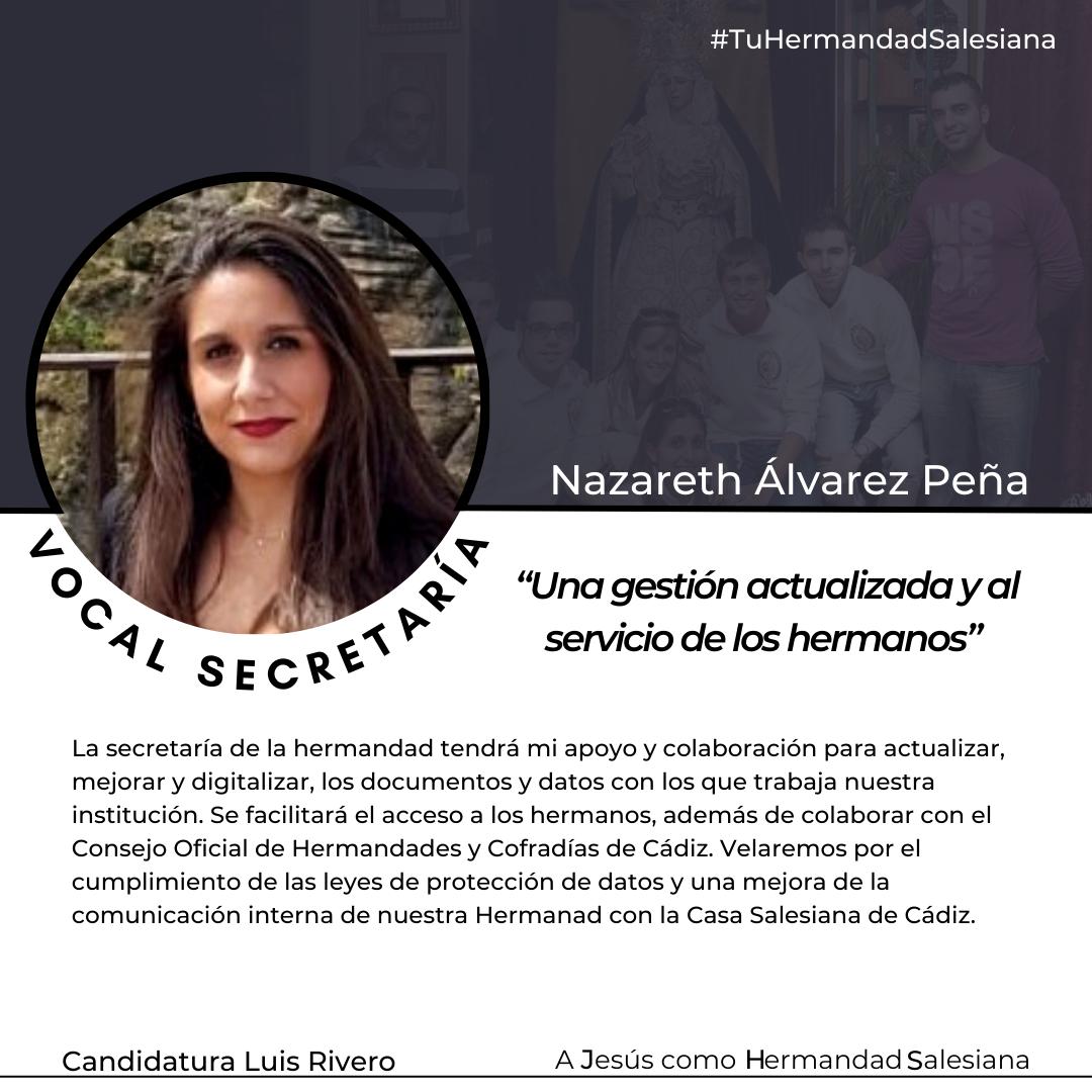 Y para finalizar la presentación de los miembros de esta candidatura os presentamos a Nazareth Álvarez Peña, elegida para colaborar en las labores de Secretaría.
#TuHermandadSalesiana #DespojadoCadiz #ConcepcionCadiz