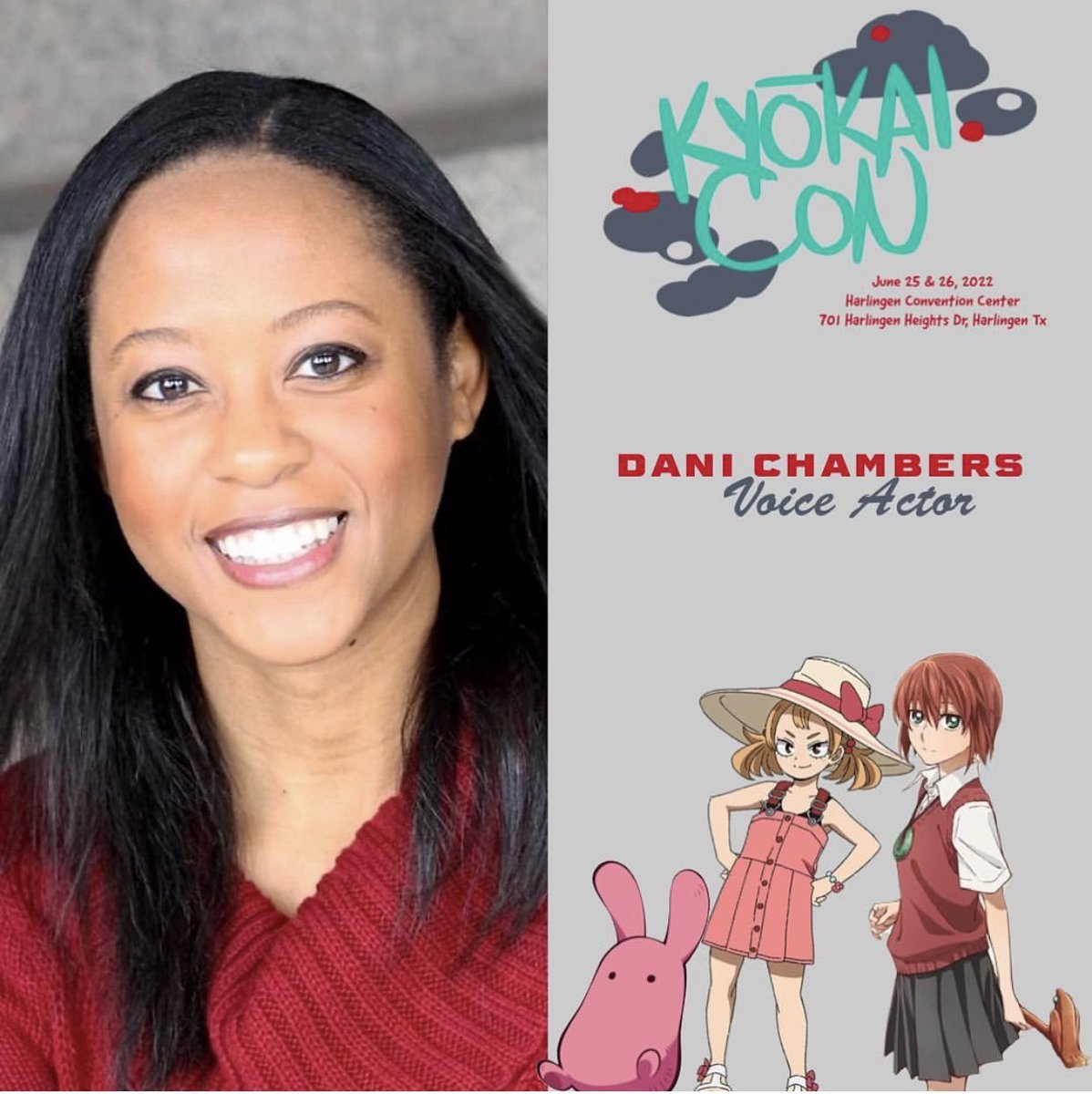 We have the lovely <a href="/SkiniMini07/">☁️ Dani Chambers</a> (Dani Chambers)!!! You know her as Becky in #SpyFamily Chise #TheAncientMagusBride Emilico #ShadowsHouse , Maharo #MyHeroAcademia movie and more!! Come on by and see Dani in the Exhibit Hall at her table! #KyokaiCon