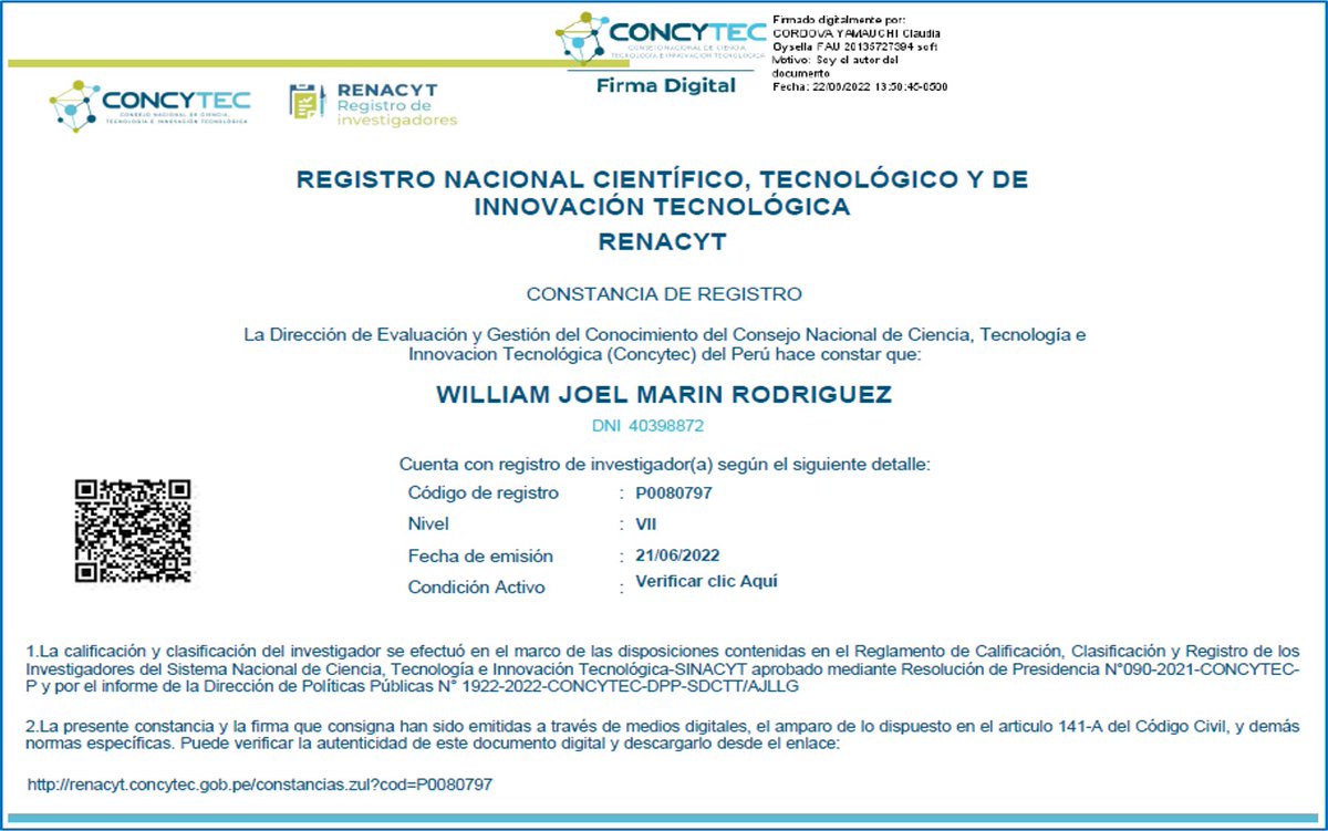 Constancia de registro de investigador RENACYT <a href="/ConcytecPeru/">Concytec Perú</a> a seguir en este largo trajinar.
<a href="/unjfschuacho/">UNJFSC</a> <a href="/VracUnjfsc/">VRAC UNJFSC</a> @UniSanPedro 
#investigacion #Trabajo