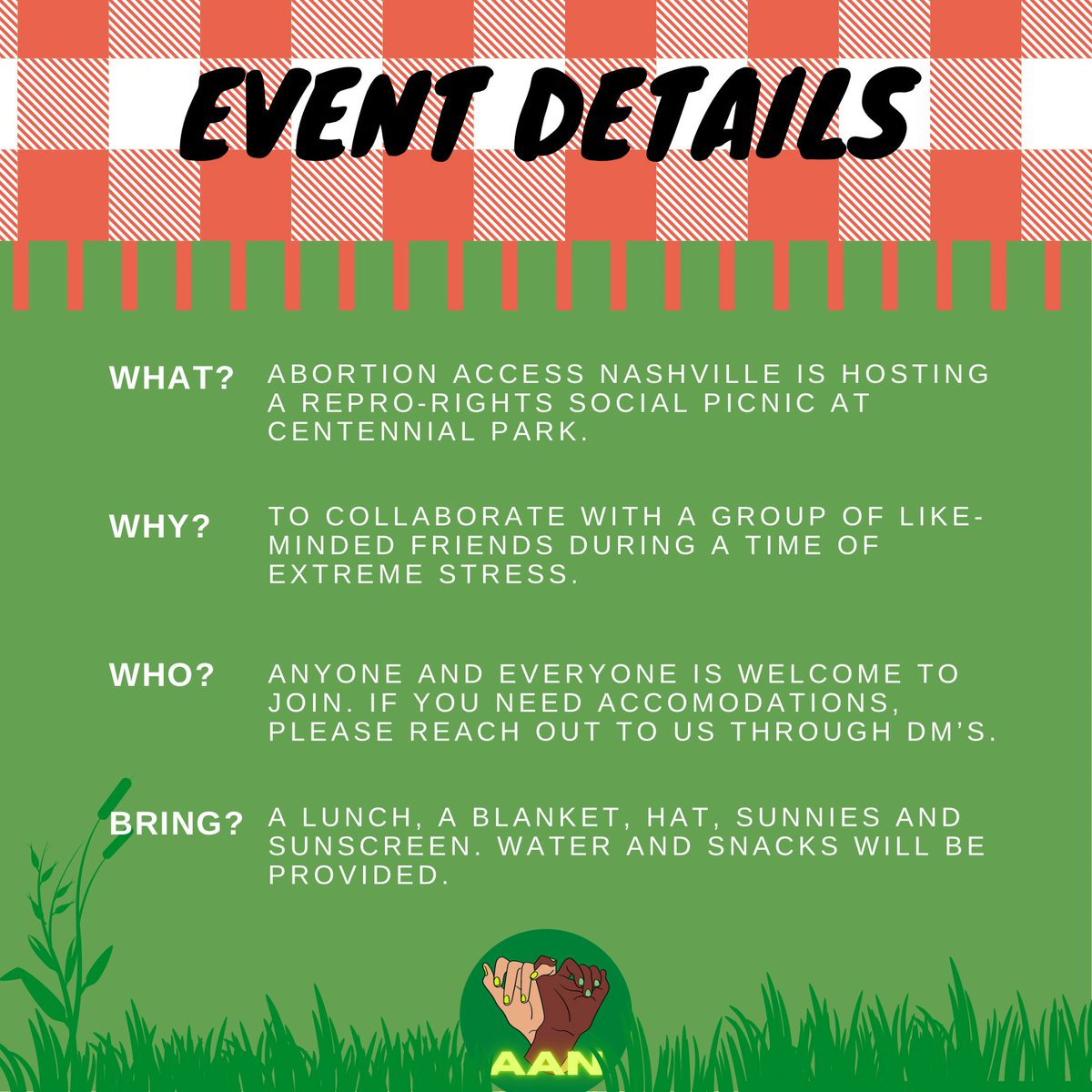abortion_tn's tweet photo. REMINDER ❗️Join us for our first Social Picnic for Reproductive Rights THIS SUNDAY on June 26th, 12 to 2 pm at Centennial Park! Please meet at the TN Women Suffragette Monument, and bring a lunch 🍱 and blanket 🧺. 
#nashville #nashvilleevents #prochoice https://t.co/olMl6RIYyj