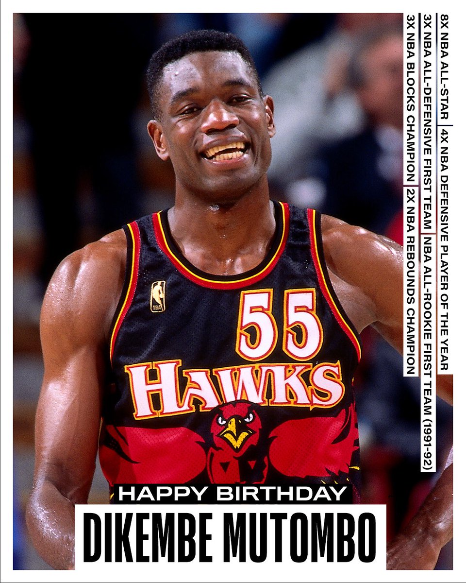 NBAHistory's tweet photo. Join us in wishing a Happy 56th Birthday to 8x NBA All-Star, 4x Defensive Player of the Year and @Hoophall inductee, Dikembe Mutombo! #NBABDAY https://t.co/65fipZcGPc