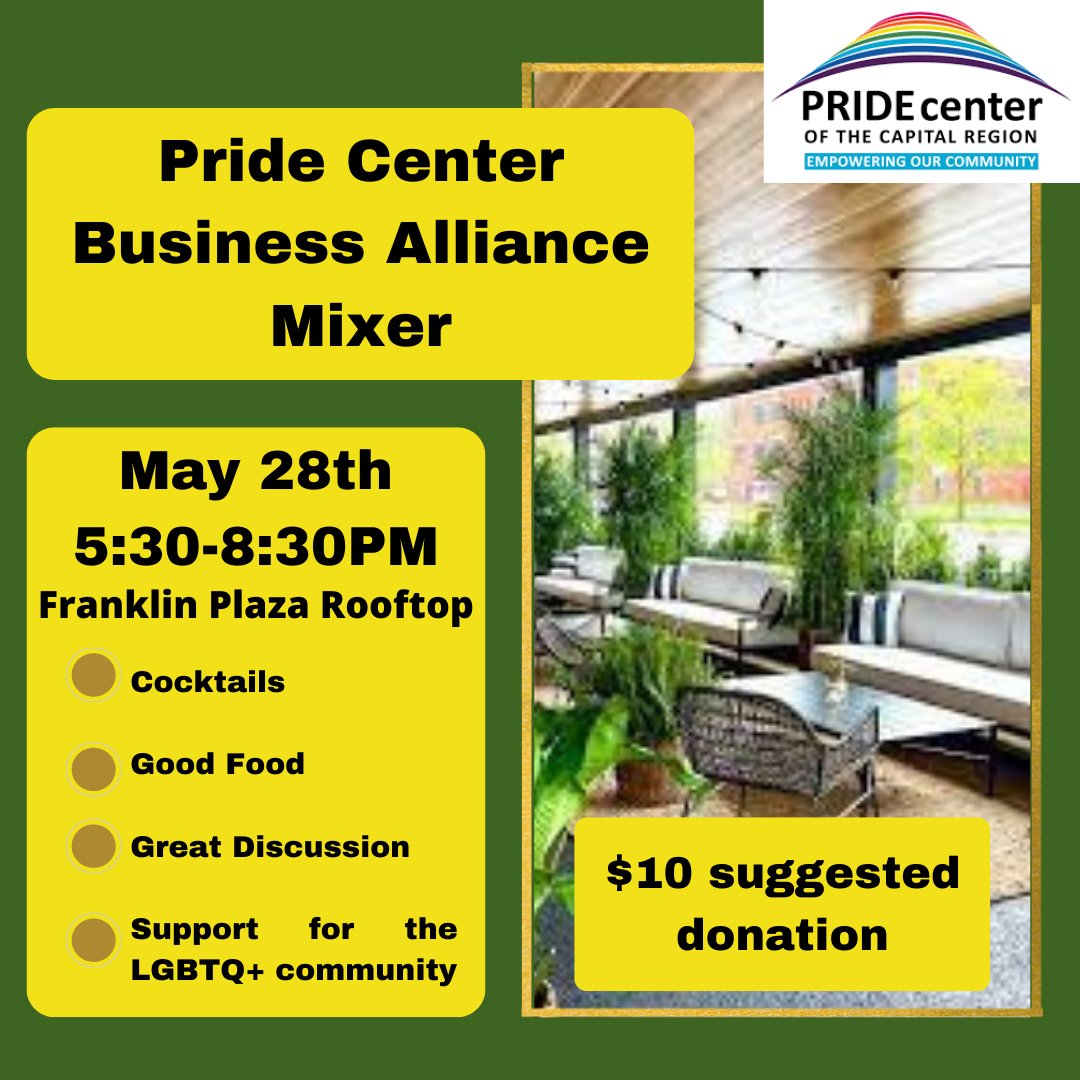 Are you looking for a space to meet other professionals in support of the LGBTQ+ community? Located at the rooftop of Franklin Plaza, from 5:30-8:30PM. Suggested donation of 10$.

#pridebusinessalliance #pridemonth