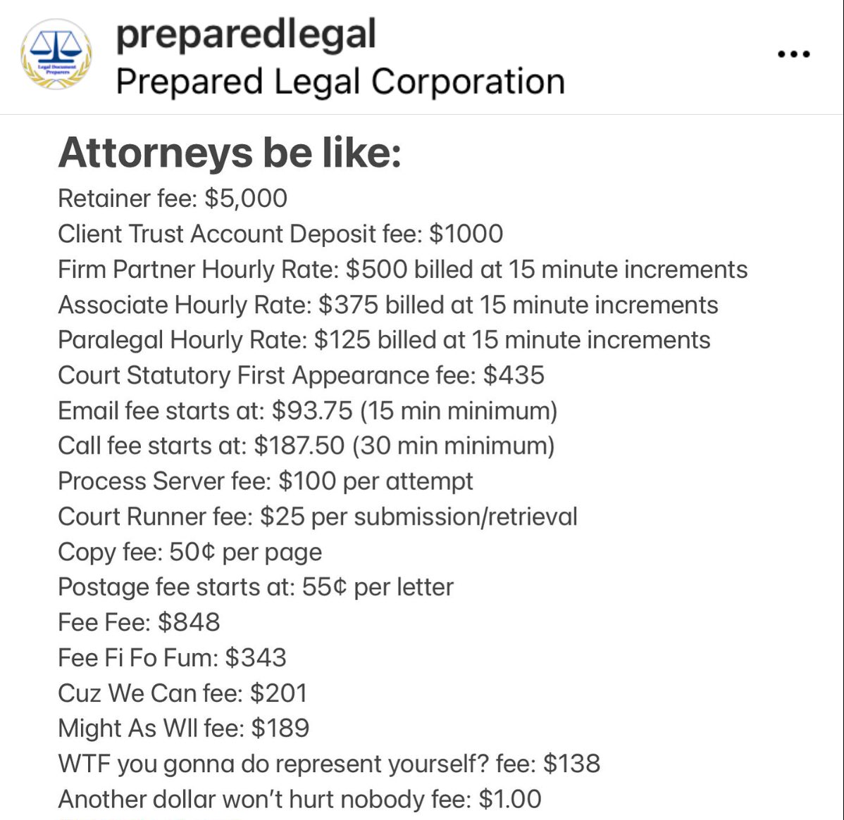 PreparedLegal's tweet image. @michaelharriot #attorneysbelike hire a #legaldocumentassistant #lda #paralegal