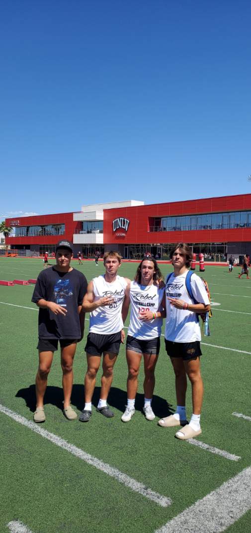cvhscoyoteclub's tweet photo. Campo Verde was represented well @unlvfootball It is always great to have opportunities to play. @TristanCarrera4 @Jase_hudson27 @garcia_alston @maddoxpierce13 Headed home for #FlightZone @JUSTCHILLY @coachfreemancv @CampoStrength @CVHSYotes https://t.co/QoIpJpM6yE