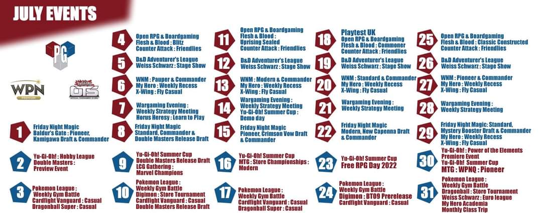 PatriotGamesLtd's tweet photo. ๐คฉ๐คฉEvents Calendar - July๐คฉ๐คฉ
Take a look at what's coming up in July! We've got a quite a full schedule! Events can be added to this as per demand!
Save this image for ease of access!
#Sheffield #PG #EventsSchedule #PatriotGamer https://t.co/UsmErlFtlC