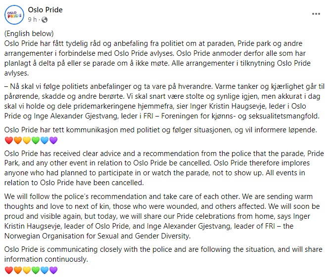 belfastpride's tweet image. On the day that would have been Oslo Pride we send our sympathy and support to those affected by the attack on an LGBT+ venue this morning.

Oslo Pride will be back and we will march for them and #walkwithpride until that can happen. We stand together in solidarity.

#oslopride