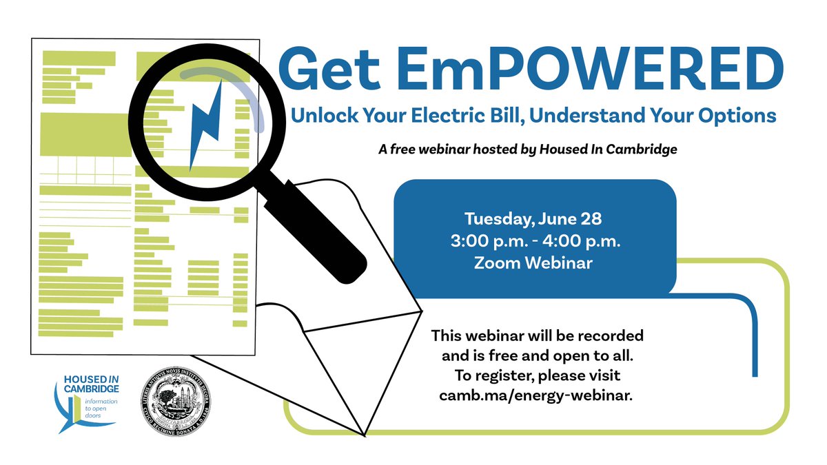 Electricity bill got you frazzled? Join this upcoming Housed IN Cambridge webinar to learn how to read your bill, discover programs the City offers, and get tips to save energy. Tuesday, 6/28 from 3-4 p.m. Register here: camb.ma/energy-webinar #CambMA
