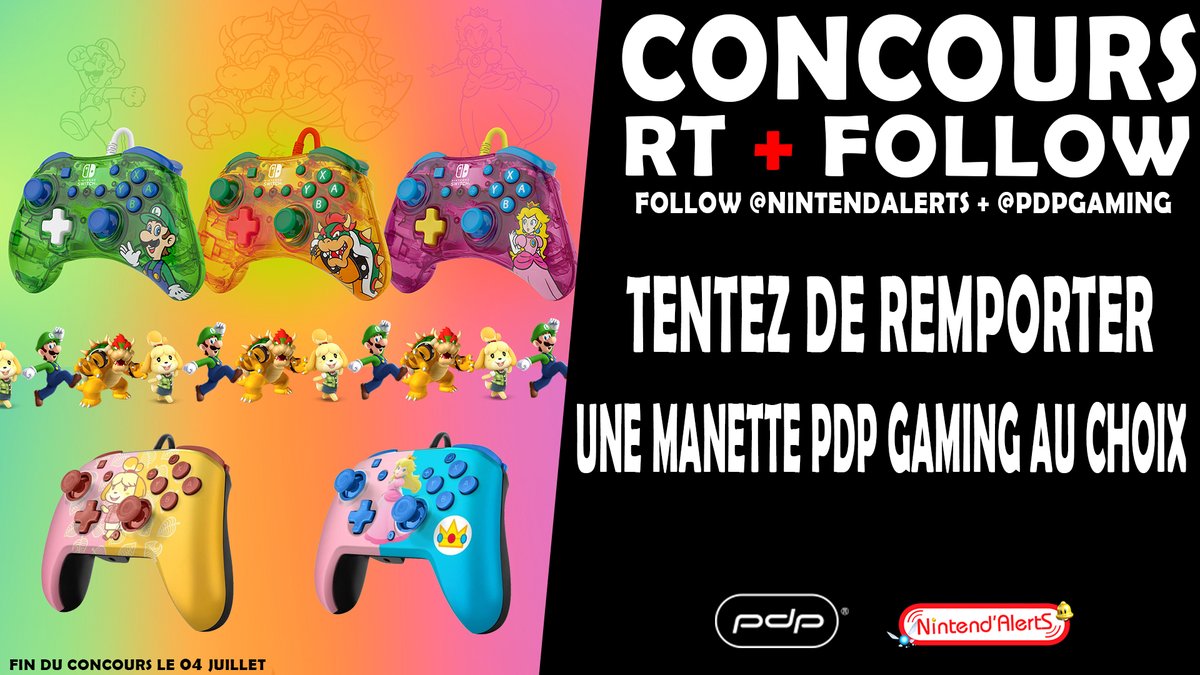 AlertEtGo's tweet photo. Concours🎁Une manette PDP Gaming au choix à gagner parmi
Marie ► https://t.co/gvKnURrMhf
Peach► https://t.co/TNaKOxqMPu
Peach► https://t.co/1bgGSrxJc2
Bowser ► https://t.co/aUeS2BZm0S
Luigi ► https://t.co/wbNBLPa511
Pour participer RT + Follow @nintendalerts et @PDPgaming ! https://t.co/OaRhVqZqfP