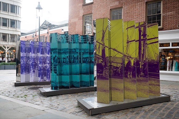 SeaportMuseum's tweet photo. Lenticular Histories: South Street Seaport is now on view for free through June 29, outdoors on the cobblestones of Water Street and Front Street. Stop by today to see this immersive public art installation made with images #FromTheArchives of Seaport Museum! #R2R22 #LMCC https://t.co/7zwFoTgpTs