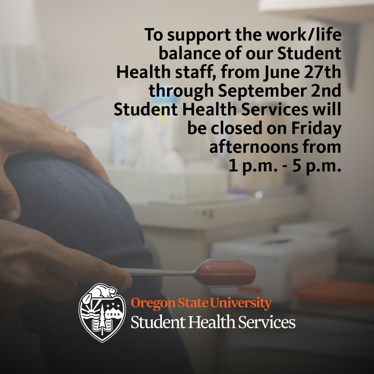 We will still support students’ health care needs with the services below:
•Student Health Services: (541) 737-9355
•Advice nurse (OSU students only): (541) 737-2724
•Counseling and Psychological Services*: 541-737-2131
•Other resources: studenthealth.oregonstate.edu/after-hours-ca…
