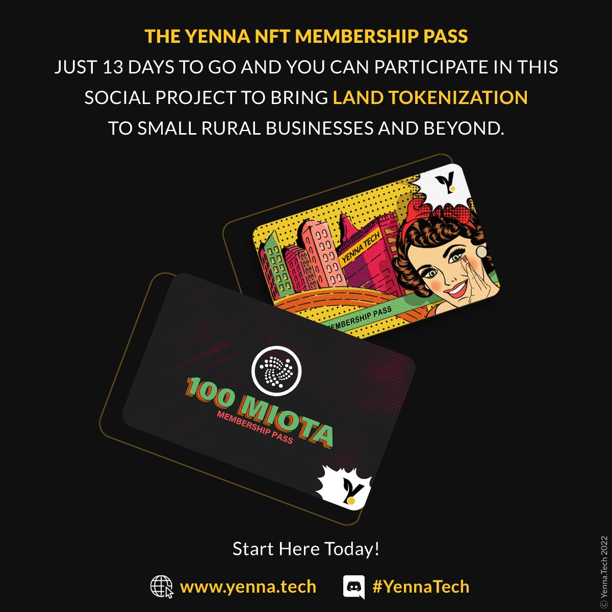 YennaTech's tweet photo. The Yenna NFT Membership Pass - just 13 days to go and you can participate in this social project to bring Land Tokenisation to small rural businesses and beyond
Join now : https://t.co/zQWl0Zrq68
#IOTA #NFT #landtokens #assembly_net #DAO https://t.co/3QR1NxGw6b