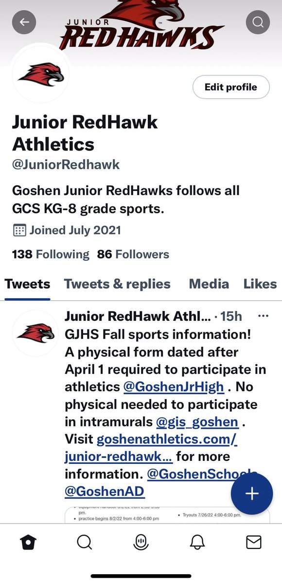 Follow <a href="/JuniorRedhawk/">Junior RedHawk Athletics</a> Twitter 
for all k-8 athletic and intramural information for <a href="/GoshenSchools/">Goshen Schools</a> ! 

@gis_goshen ,<a href="/GoshenJrHigh/">Goshen Junior High School</a> , @WestGoshenElem , @Chandler_school , @WaterfordElem , @ChamberlainElem , @ModelElementary , @Parkside_School , @PrairieViewElem