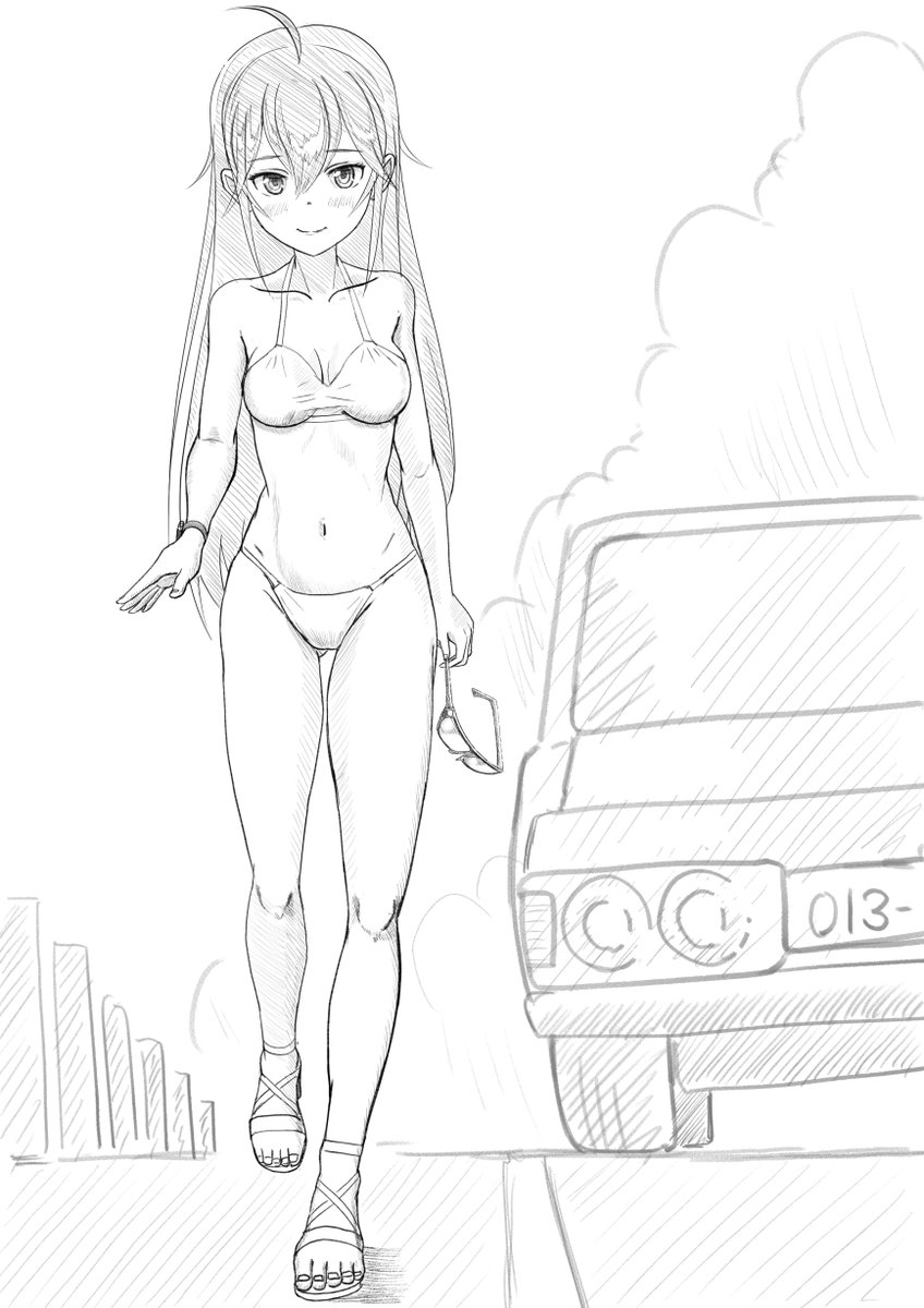 次の課題絵です。
課題は「全身正面立ち絵」
歩いてる感をだしたかったのですが
こういう日常描写ってめっちゃ難しい。
水着の画像を参考に描きました。
背景はイメージです。 