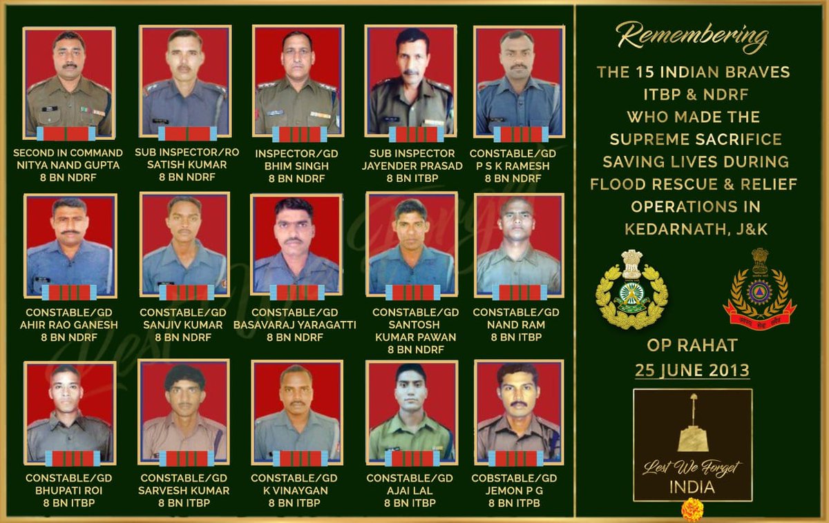 NDRFHQ's tweet photo. #Bravehearts of @IAF_MCC @ITBP_official & #NDRF laid down their lives in Rescue & Relief Mission #OpRahat during #KedarnathFloods on 25 June 2013.
#LestWeForget 🙏🙏
@PIBHomeAffairs
@PIB_India
@ANI https://t.co/6nycucrixJ