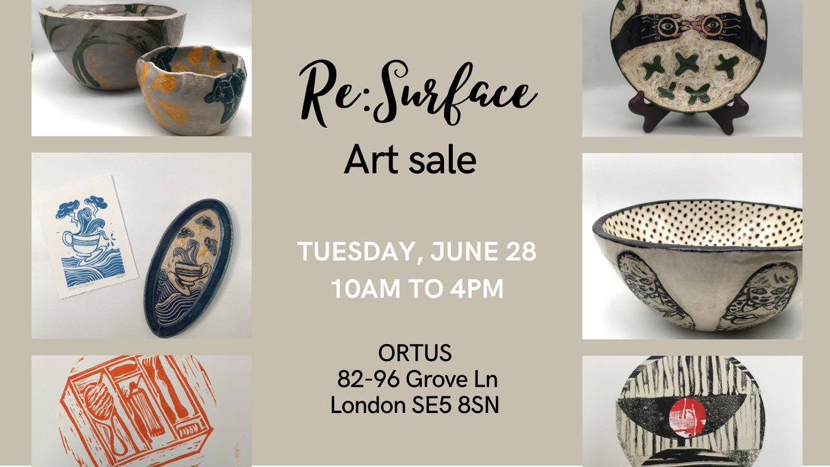 OrtusMaudsley's tweet photo. Drop in on Tuesday, June 28 from 10am to 4pm for the Re:Surface art sale. Take home unique ceramics and print works made by participants of an arts project at Bethlem Royal Hospital. Prices range from £2.50 to £35. 

Re:Surface is funded by a grant from @maudsleycharity https://t.co/1DixDtvi6l