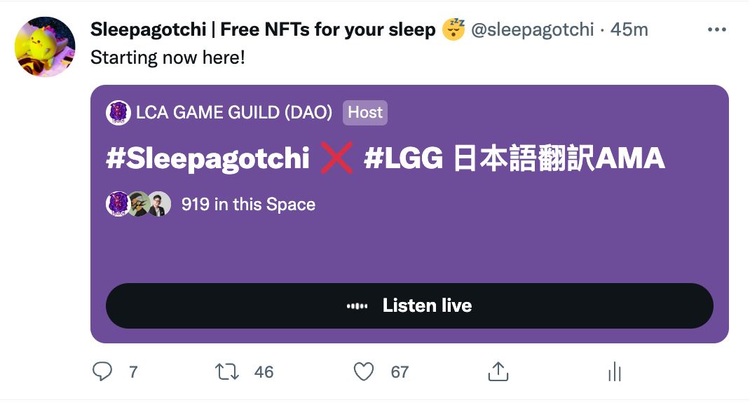 antongotchi's tweet photo. We had 900+ people live in our Twitter Space AMA with #LGG guild. 1,400+ listeners during the event. Our whole team is humbled by the support we are getting from Japan 🇯🇵🙏 Thank you to our amazing community of #sleepagotchi and #LGG https://t.co/NuPO2siQ8i