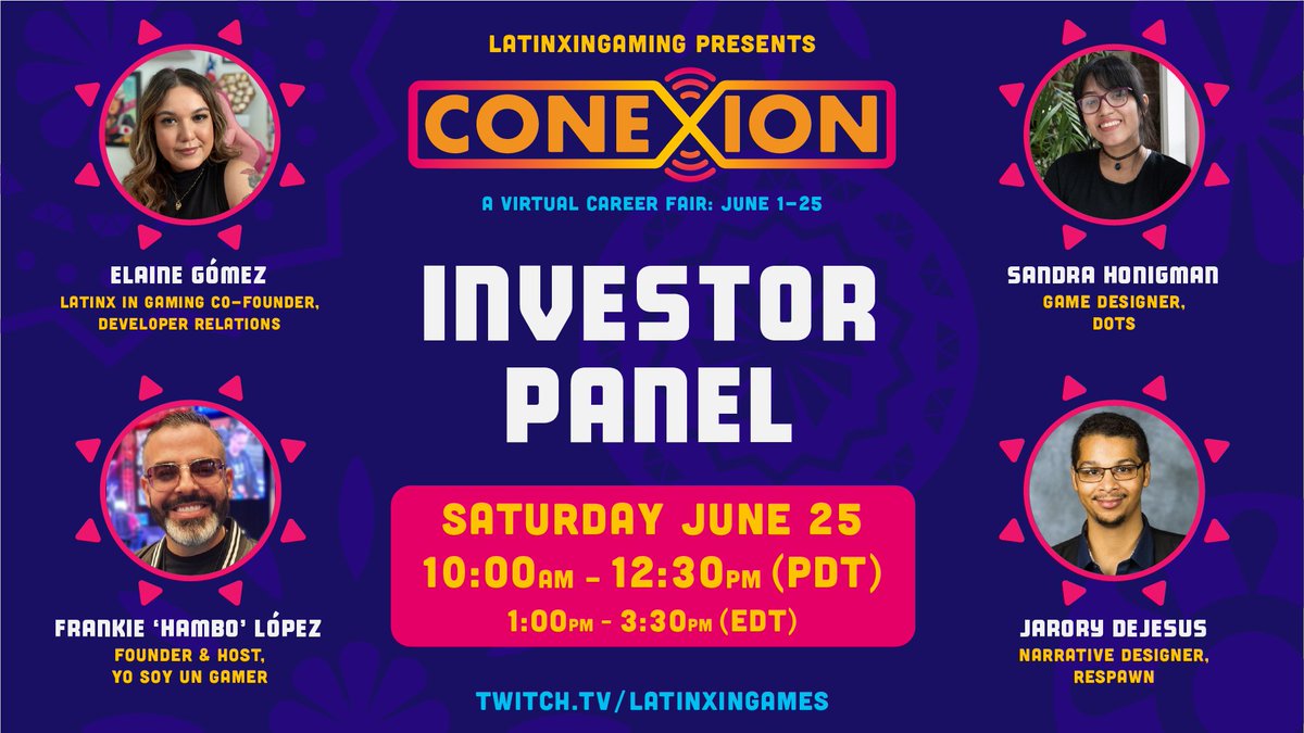 LatinosinGaming's tweet photo. LIVE 🔴on https://t.co/FrWQf2DcOX: Tune in to watch 8 teams compete for a prize pool of $5,500 and pitch their games to a panel of game industry professionals!

#CONEXIONLXIG https://t.co/dYfwSLUwwR