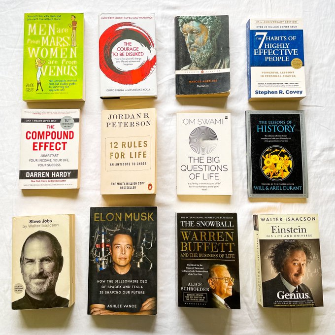 librarymindset's tweet photo. 49)Men Are From Mars Women Are From Venus
50)The Courage To Be Disliked
51)Meditations
52)7 Habits of Highly Effective People
53)Compound Effect
54)12 Rules For Life
55)The Big Questions of Life
56)Lessons of History
57)Steve Jobs
58)Elon Musk
59)The Snowball
60)Einstein https://t.co/AkBHxY6g0Y