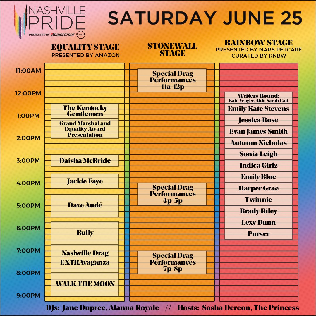 Today's stage schedule! 🎶 If you have any questions or need additional information, visit NashvillePride.org