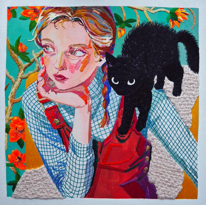 경계심 / 천 위에 수채화와 손자수
Wariness / Watercolor and hand embroidery on fabric 