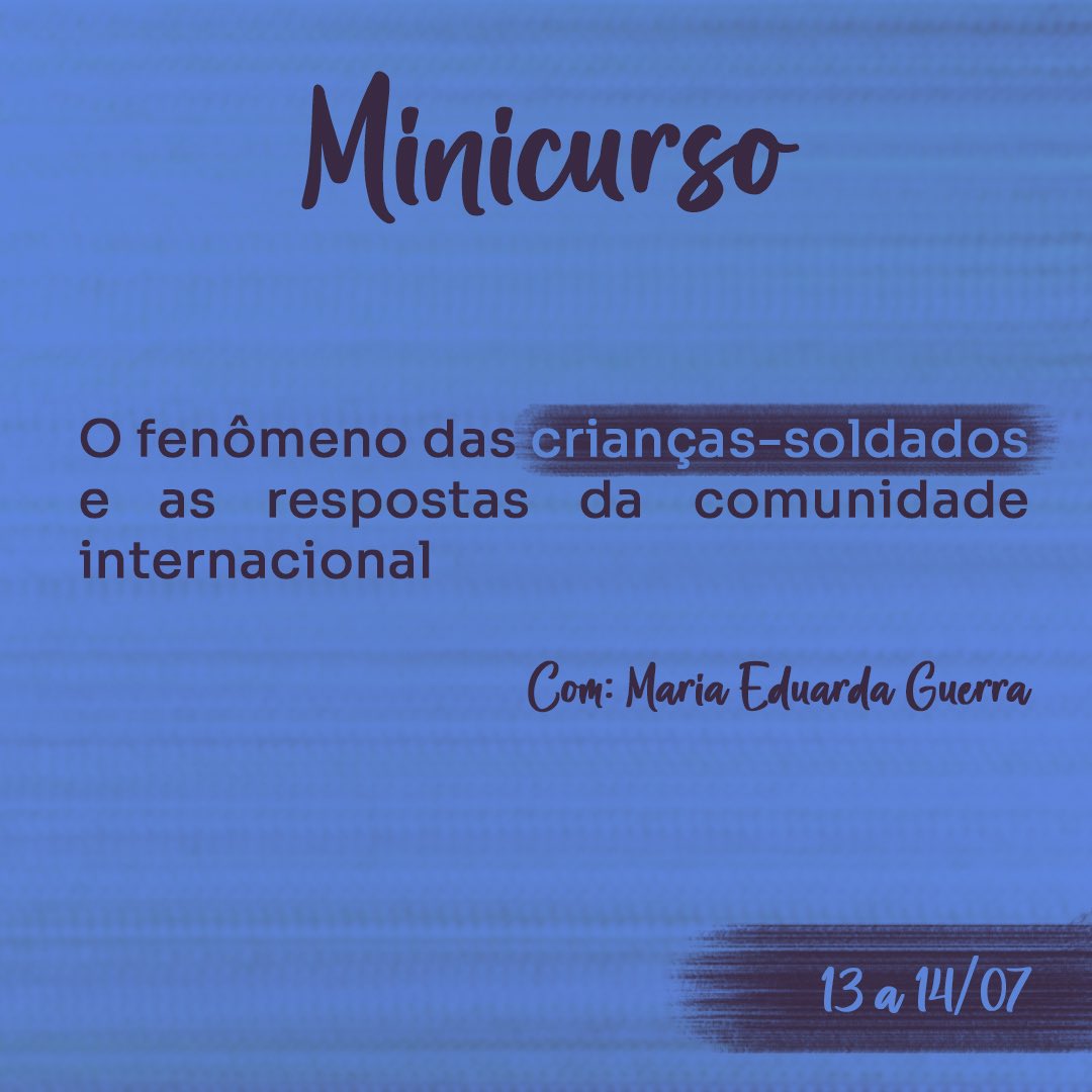 Além das mesas e apresentação de trabalhos, o I SIRI contará com o minicurso “O fenômeno das crianças-soldado e as respostas da comunidade internacional” ministrado por Maria Eduarda Guerra. 

Para se inscrever, acesse o link: docs.google.com/forms/d/e/1FAI…