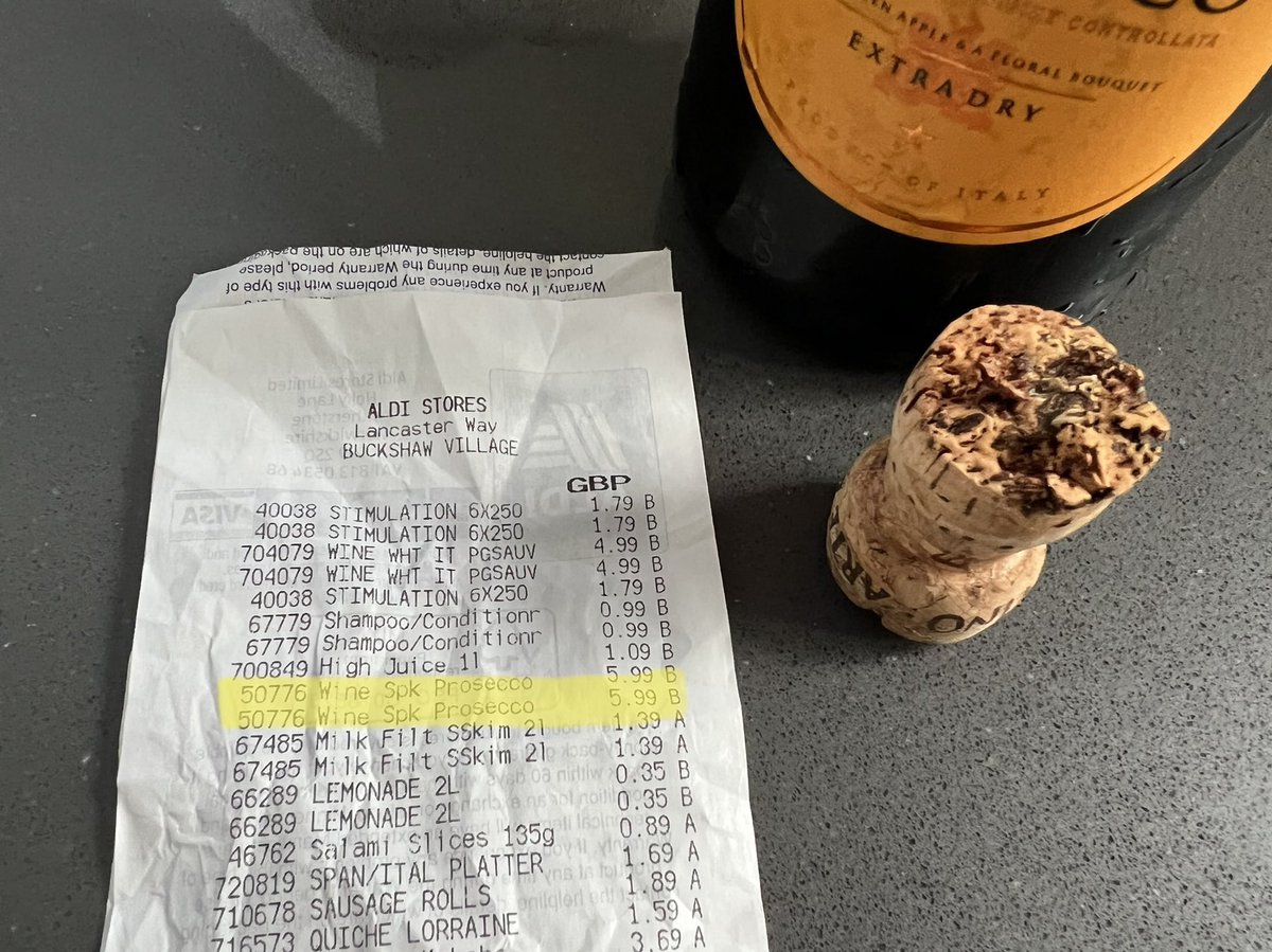 ryanhayes79's tweet photo. @AldiUK Hi Team, we purchased 2 x Prosecco (50776) and as you can see the first bottle we opened was corked. The second was fine and we have never experienced this before on the many we have bought. What do we need to keep / do to get it sorted? https://t.co/aFSjtMxBSr