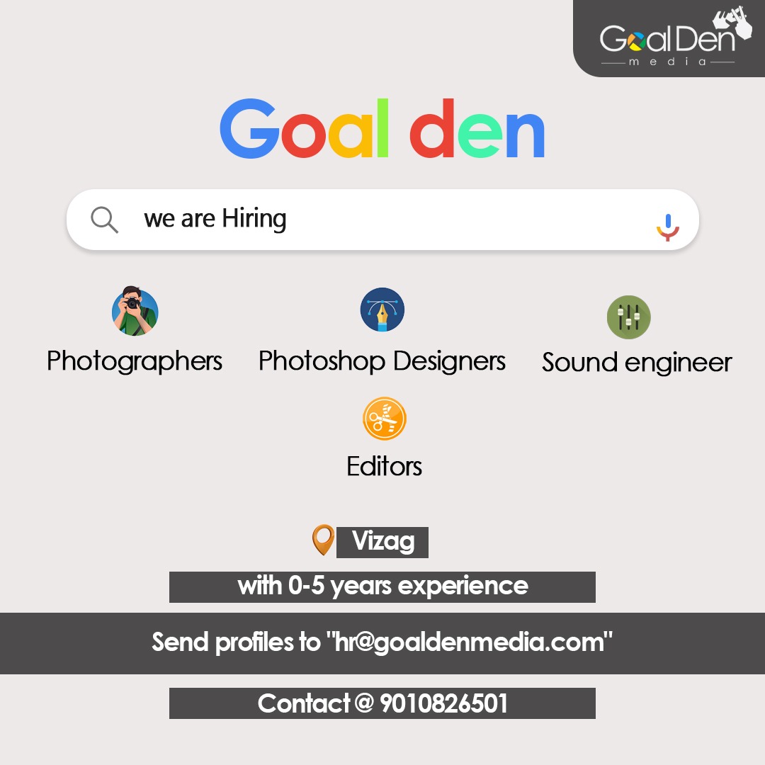 #GDM #Goaldenmedia #filmlovers #filmmakers #capturing #camera #creative #passion #hiring #hiringfreshers #soundengineer #designer #photographer #photo #photoeditor #photography #jobs #jobsearch #jobsinvizag #career #careergrowth #jobalerts #jobalert #technology #nowhiring #vizag