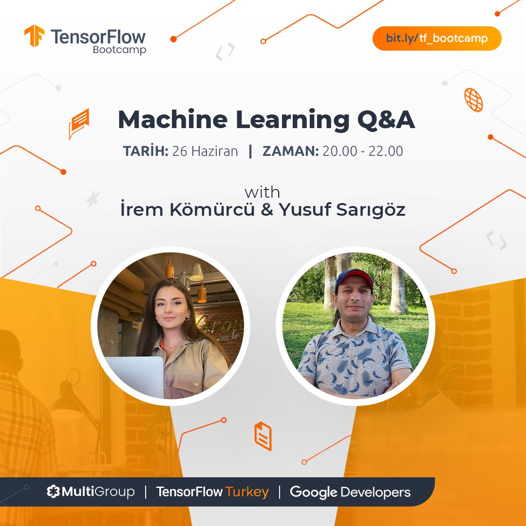 #TensorFlow Bootcamp'in 26 Haziran Pazar günü gerçekleşecek yayınında Machine Learning alanında Google Developer Expert'ler İrem Kömürcü ve Yusuf Sarıgöz, makine öğrenmesi ve bu alanda kariyer hakkında tüm merak edilen sorulara cevap veriyor. 🎉

🔗 youtube.com/watch?v=lWq-I1…