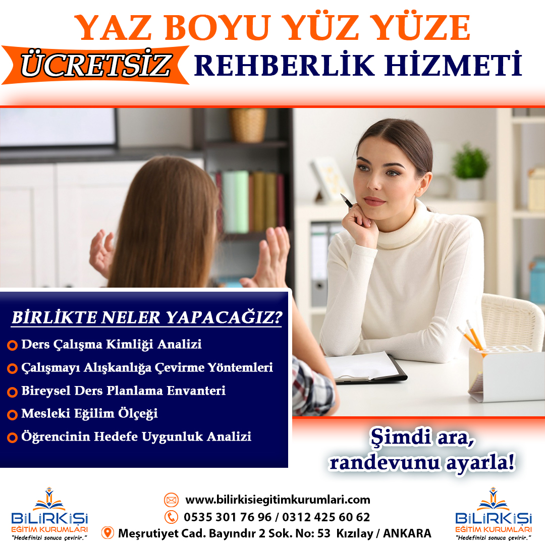 BilirkisiEgitim's tweet photo. YAZ BOYU ÜCRETSİZ REHBERLİK HİZMETİ. Şimdi ara, randevunu ayarla!
#rehberlik #2023rehberlik #rehberlikvepsikolojikdanışmanlık #2023yks #2023tayfa #ankarayazkampı 
#yazkampı #ücretsizyazkampı #ankaranıneniyikursu #ankaranıneniyieğitimkurumu https://t.co/3jDa4IAy0d