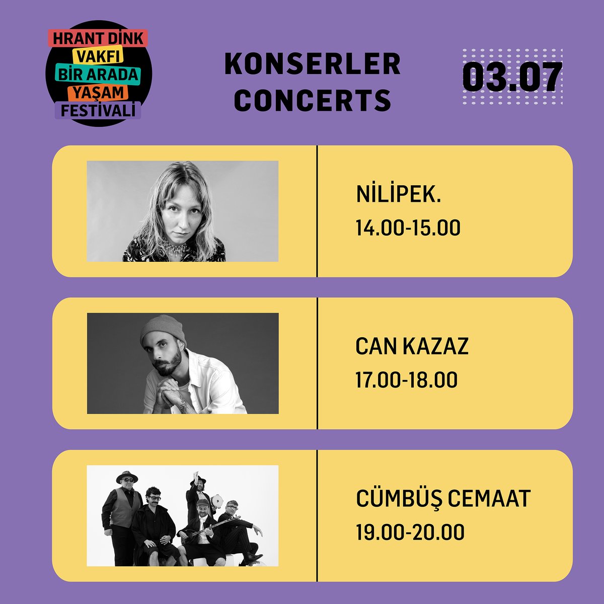 2-3 Temmuz'da Lütfi Kırdar Kongre Merkezi'nde yapılacak Hrant Dink Vakfı Bir Arada Yaşam Festivali'nde sizi konserler bekliyor! Programla ilgili ayrıntılı bilgi almak için: bit.ly/3tTO0VA
#BirAradaYaşamİçin #BirAradaYaşamFestivali