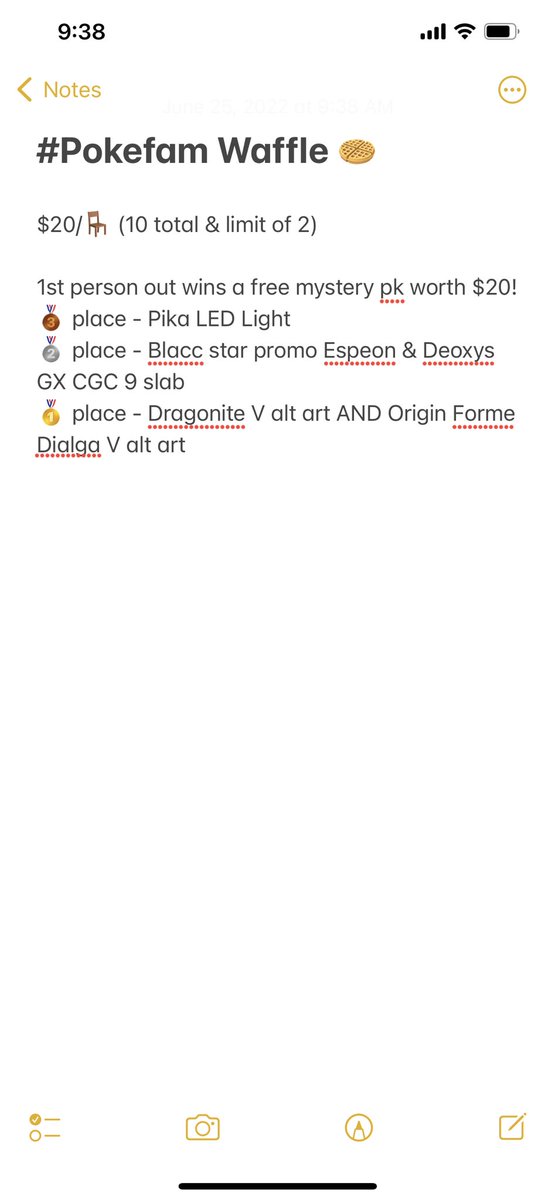 DirtyWorldGamin's tweet image. Hey #pokefam who’s feeling like a 🧇?!

$20/🪑(10 total/limit of 2)
Almost half the entries win something, just reply w/how many spots 🤙🏾

Grand prize is a Dragonite V alt art AND Dialga V alt art 🥵🔥

RTs &amp;amp; tags appreciated 🫶🏾
@DirtyWorldRT @BUYSELLTRADETCG @CardboardBanger