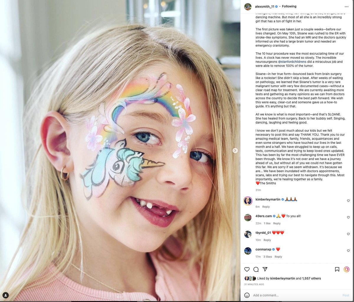 NickiJhabvala's tweet photo. Former Washington QB Alex Smith just shared on IG that his youngest child and only daughter, Sloane, underwent an emergency craniotomy in May to remove a large and rare malignant brain tumor. 

https://t.co/6KcPp8ixYq https://t.co/Togn2OIwBB