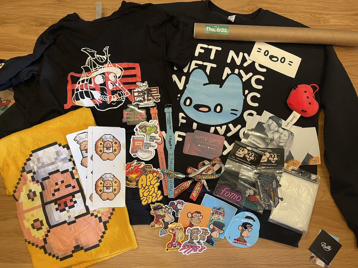 Pizza_Later's tweet photo. Digging through all the amazing goodies we collected in NYC. Thanks to @jessew_art for the Bushido Apes gear &amp; an incredibly heartfelt thank you to @boredape7275 who brought me a 1/1 t-shirt of the pizza dick art I bought from him last year. 😂😍 https://t.co/qXkppQYKJU
