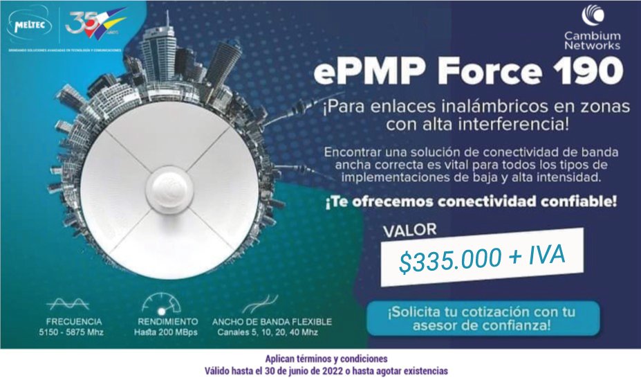 MeltecCom's tweet photo. Cambium Networks y Meltec te traen precios increíbles y grandes promociones en productos CnPilot con entrega inmediata. 
.
¡Comunícate con nosotros y aprovecha estos precios!
+57 (1) 411-1899

*Ciertas condiciones aplican.
#Meltec #cambium #networks #cambiumNetworks https://t.co/bOJ8GiFiUJ