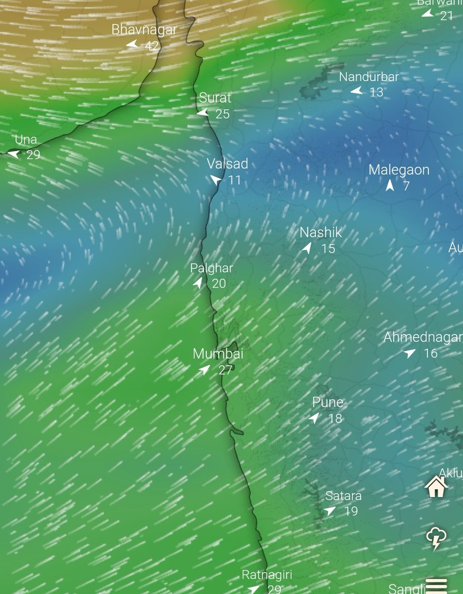 IndiaWeather13's tweet photo. #MumbaiRains likely to pick up from 27/28th. The circulation in sea once moves deep inside the sea and the westerlies takeover the easterlies. We will get some good rains. Until then only overhead thundershowers. https://t.co/y0PEHUMGUN