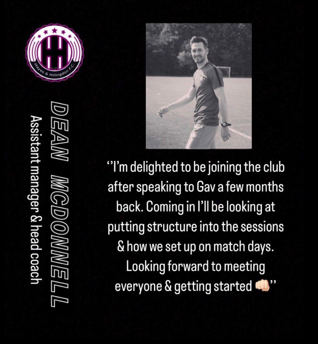 H_H_F_C's tweet photo. We would like to welcome @DMcDonnell_10 to the club. Dean will be coming in as our assistant manager and head coach. We are really excited to be adding Dean’s knowledgeable football and coaching background to the club. Welcome to the HHFC family 💜🖤 https://t.co/exsB6fNGAC