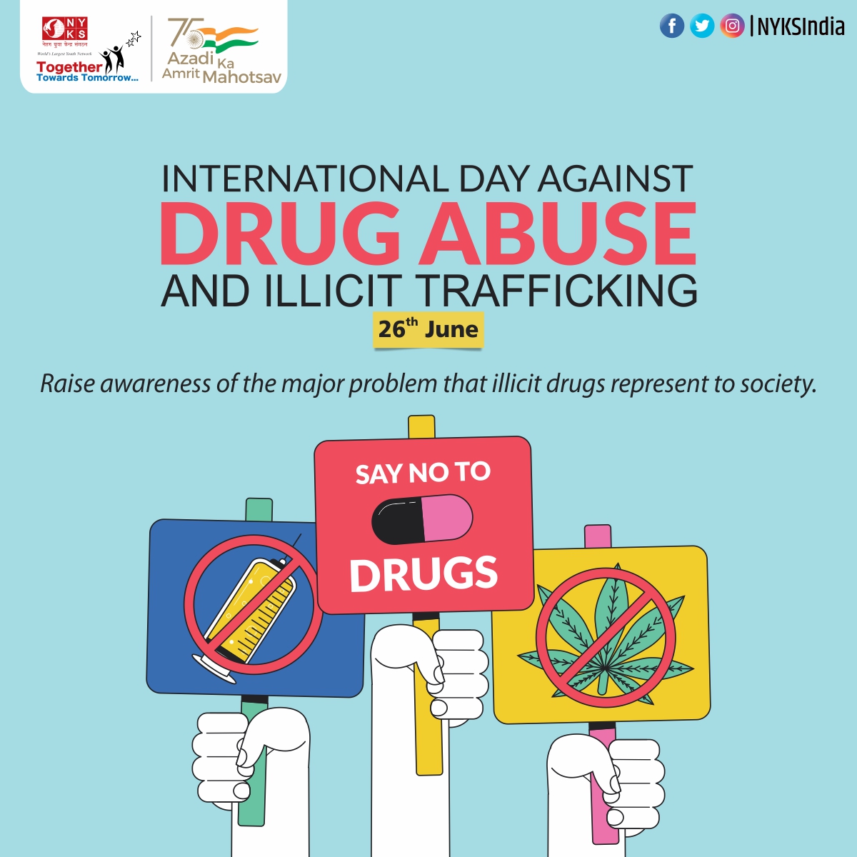 MYBharatHQ's tweet photo. This International Day Against Drug Abuse and illicit Trafficking, let us pledge to make our world free of drugs.

#SayNoToDrugs #WorldAntiDrugDay #InternationalDayAgainstDrugAbuse #SaveLives #Drugs #DrugFreeSociety #nodrugs 

@UNODC @MoHFW_INDIA @narendramodi @YASMinistry @WHO https://t.co/xObZ3bsRjw