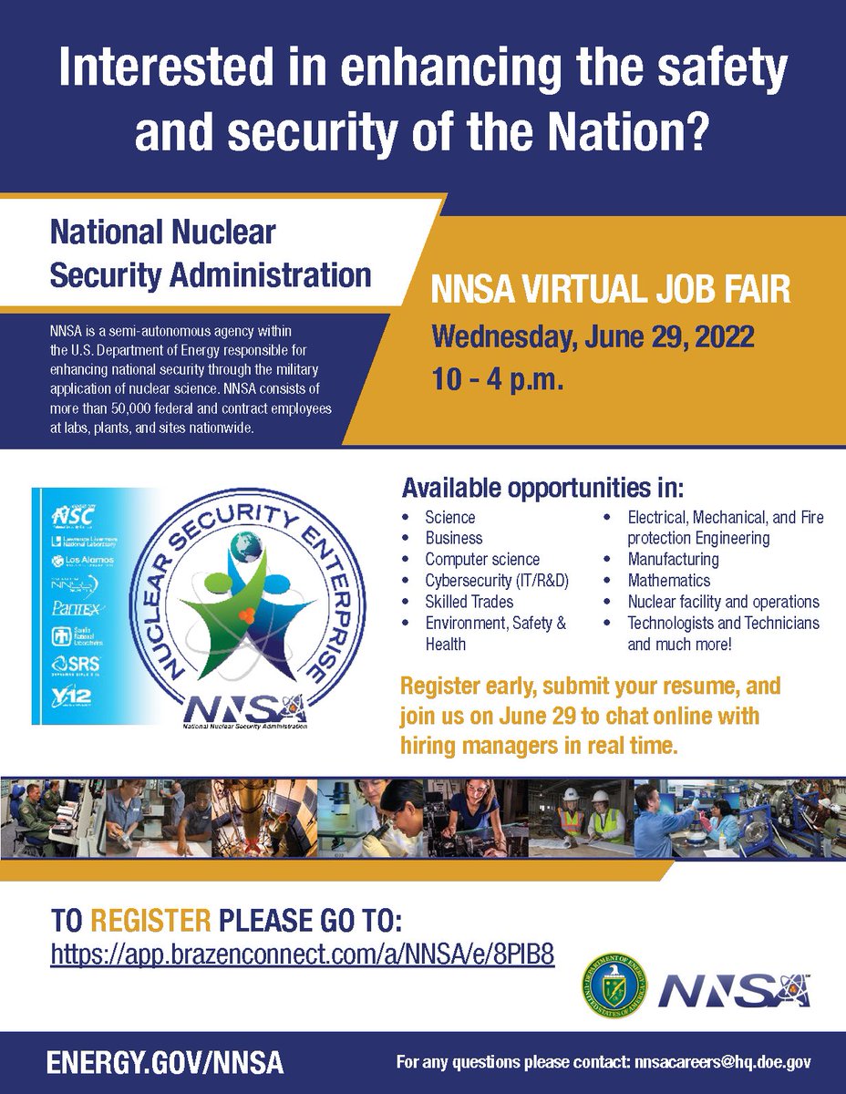 NNSANews's tweet photo. Virtually meet with hiring managers and HR professionals regarding available #NNSA #jobs at next week’s #NNSAJobFair. https://t.co/jib1BCMApa https://t.co/0zp8ZTFIEa